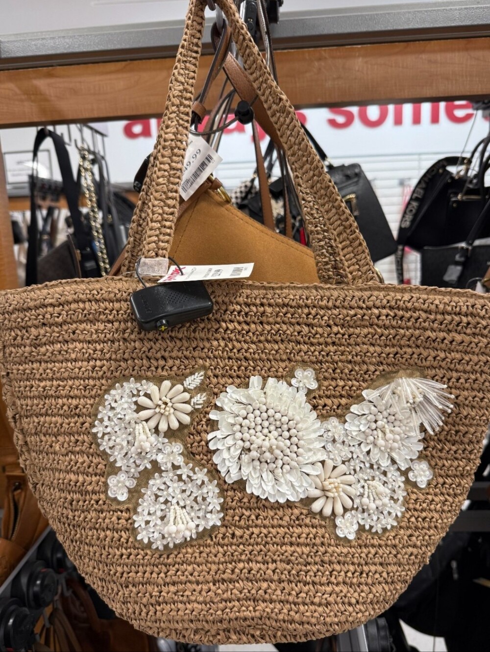Viral Woven Straw Tote W/White Beaded Floral Appliqué NWT Handcrafted In India